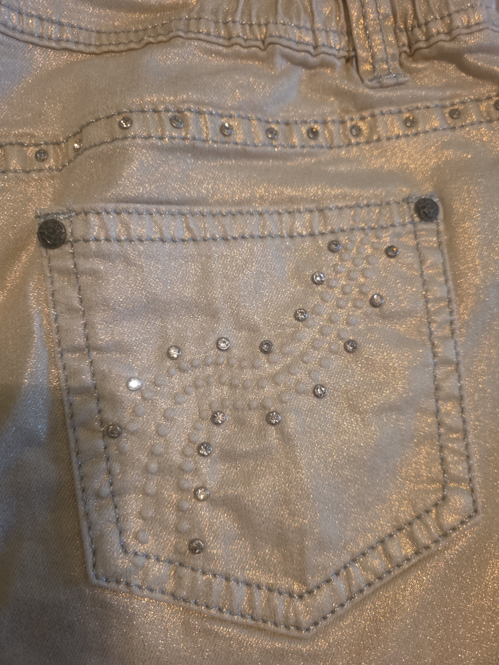 Reba Gold Shimmer Boyfriend Jeans with Rhinestone Accent On Front & Back Pockets